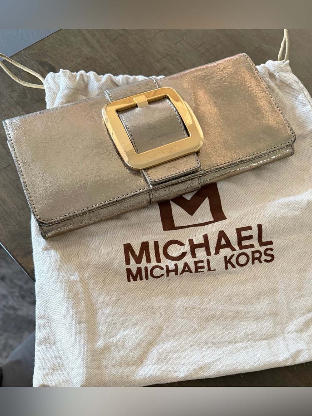 Michael Kors Metallic Champagne Clutch Wallet with Gold Buckle